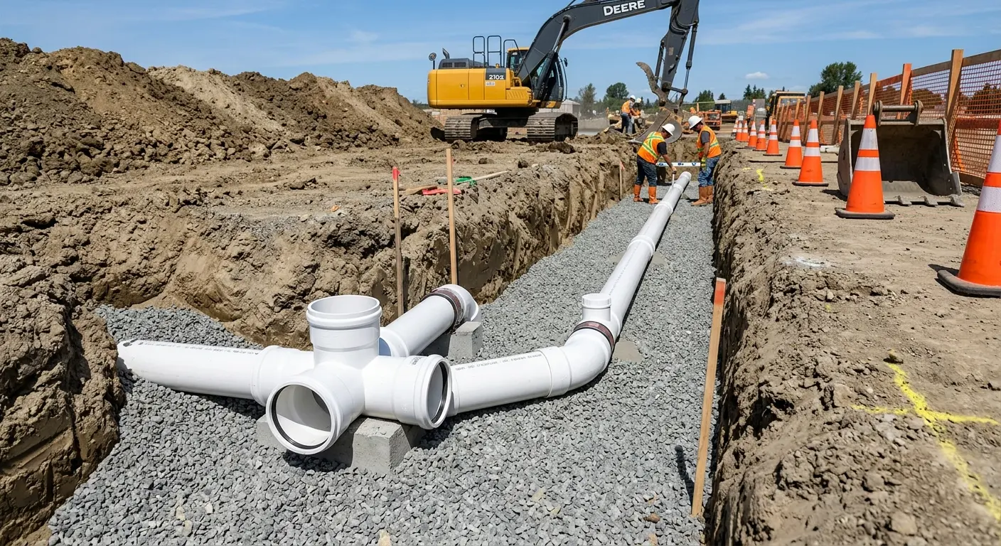 New PVC sewer pipe installation in open trench for Commercial Drain Cleaning in South Charleston
