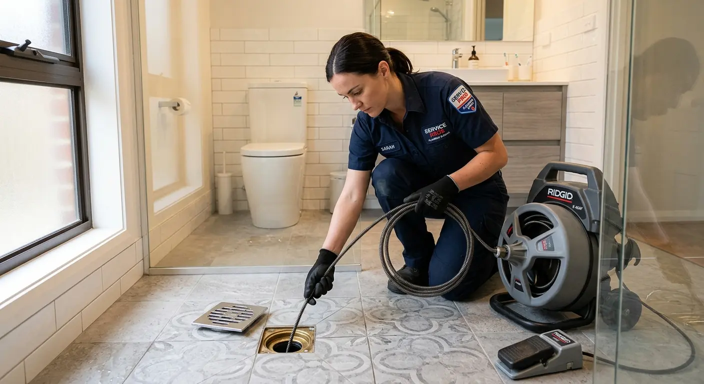 Technician clearing a bathroom floor drain for Clogged Drain Repair in South Charleston